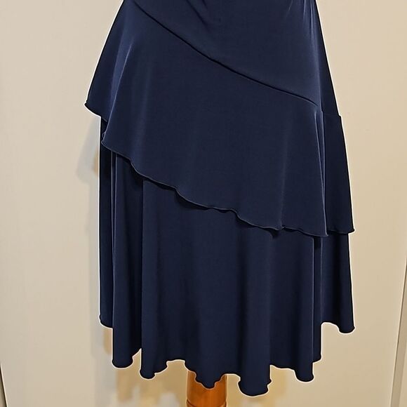 Luxe by Carmen Marc Valvo Navy Blue Fit and Flare Ruffled Dress - Picture 4 of 10